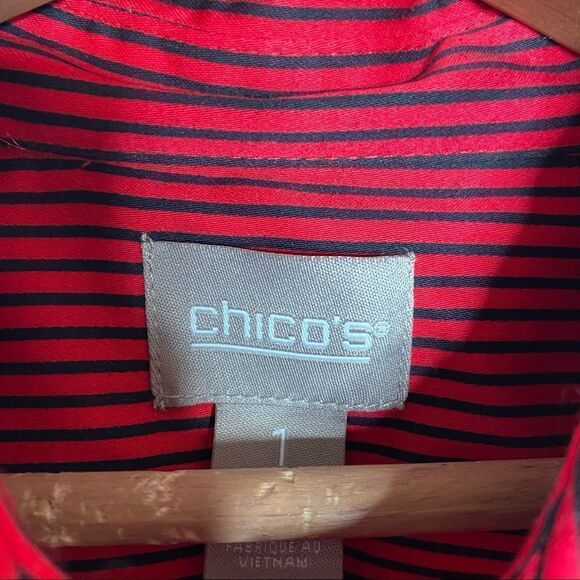 Chico's Red and Black Striped Button-Up Shirt (Size 1) - Picture 5 of 7